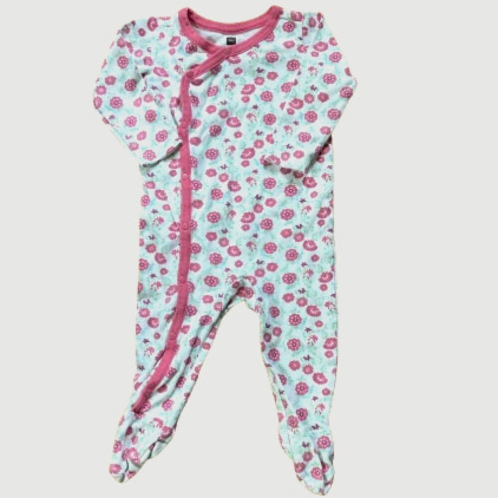 Tea Collection Footies Romper LS 8 Snaps Cotton Pink Green White, sz 3-6 months
